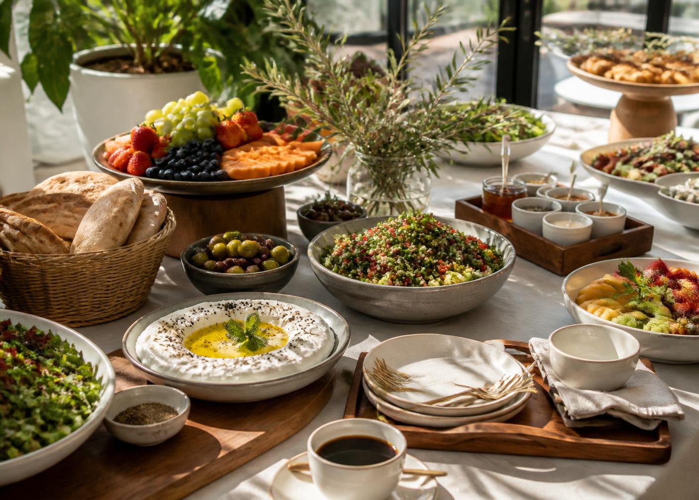 Brunch-Buffet mit Salaten, Labneh, Brot und Obst im Tageslicht