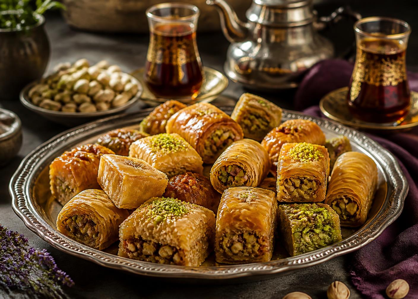 Baklava und syrische Süßspeisen mit Tee serviert
