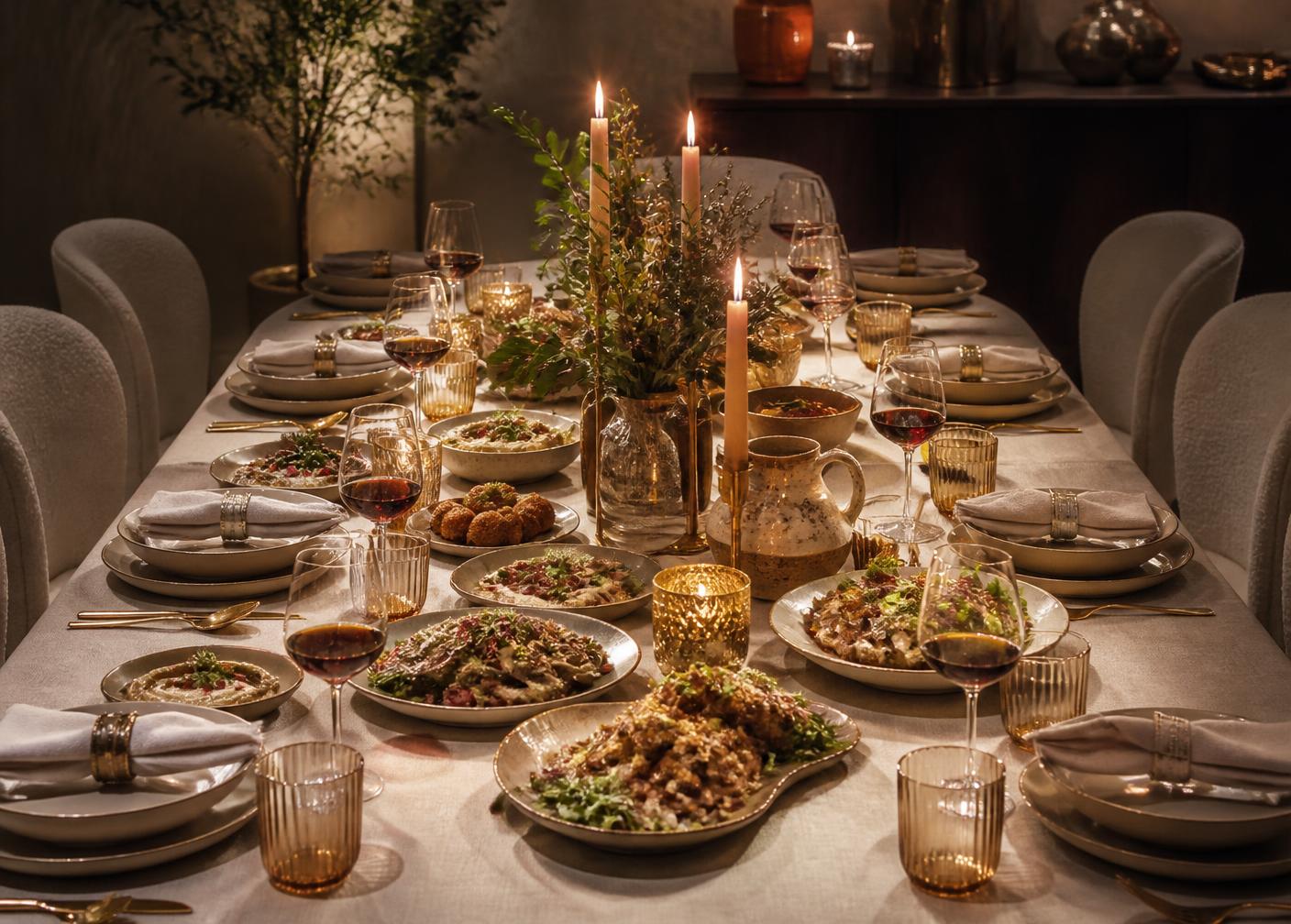 Elegant gedeckte Tafel für ein privates Dinner im Kerzenlicht
