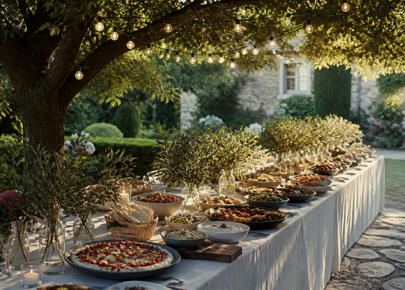 Lange Gartentafel mit Buffet unter Lichterketten