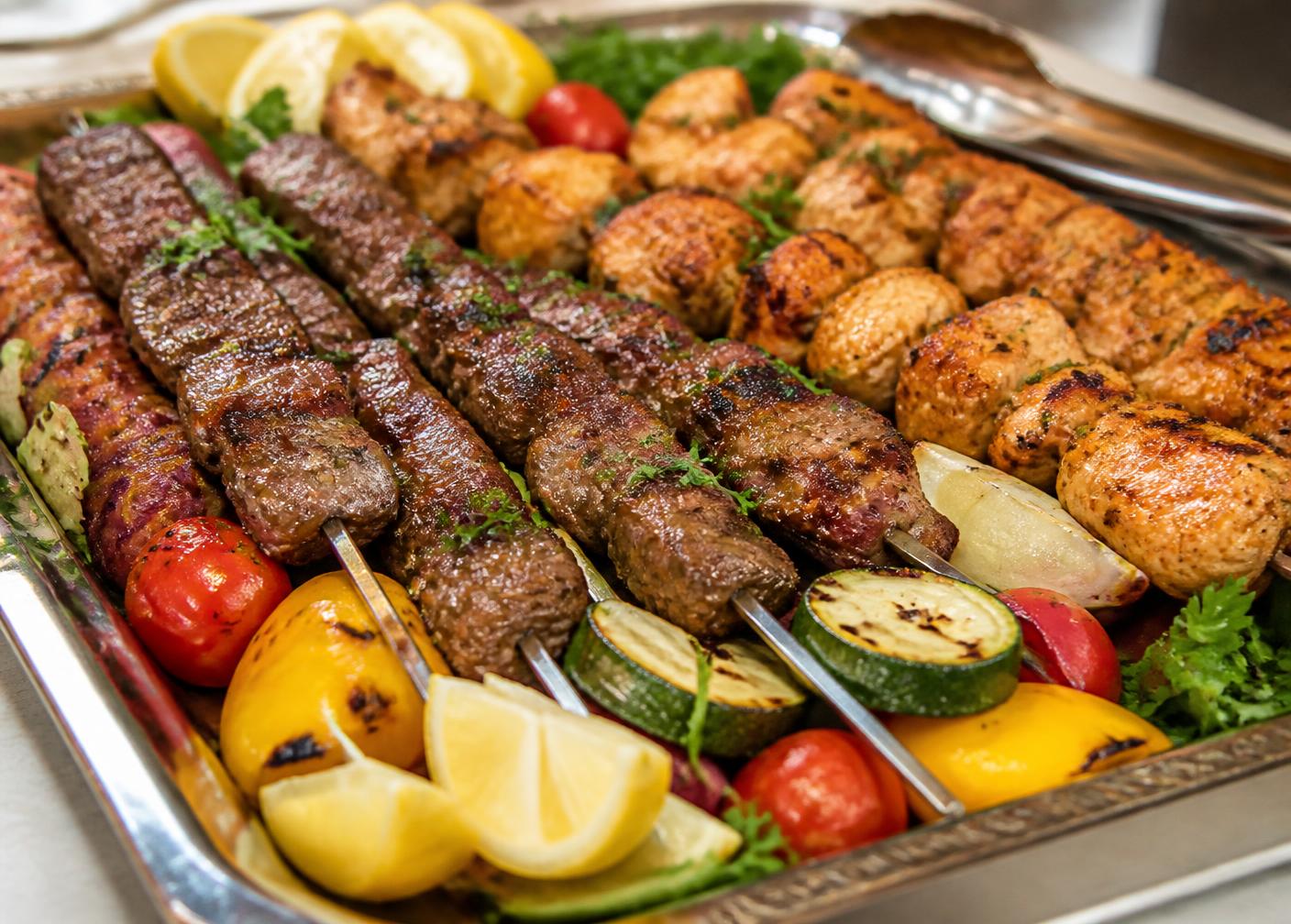 Grillplatte mit Fleischspießen, Hähnchen und gegrilltem Gemüse