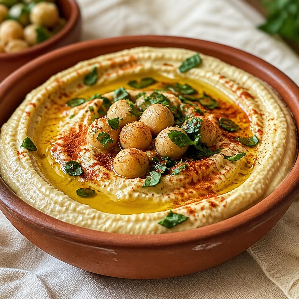 Cremiger Hummus mit Olivenöl, Kichererbsen und Petersilie in einer Tonschale
