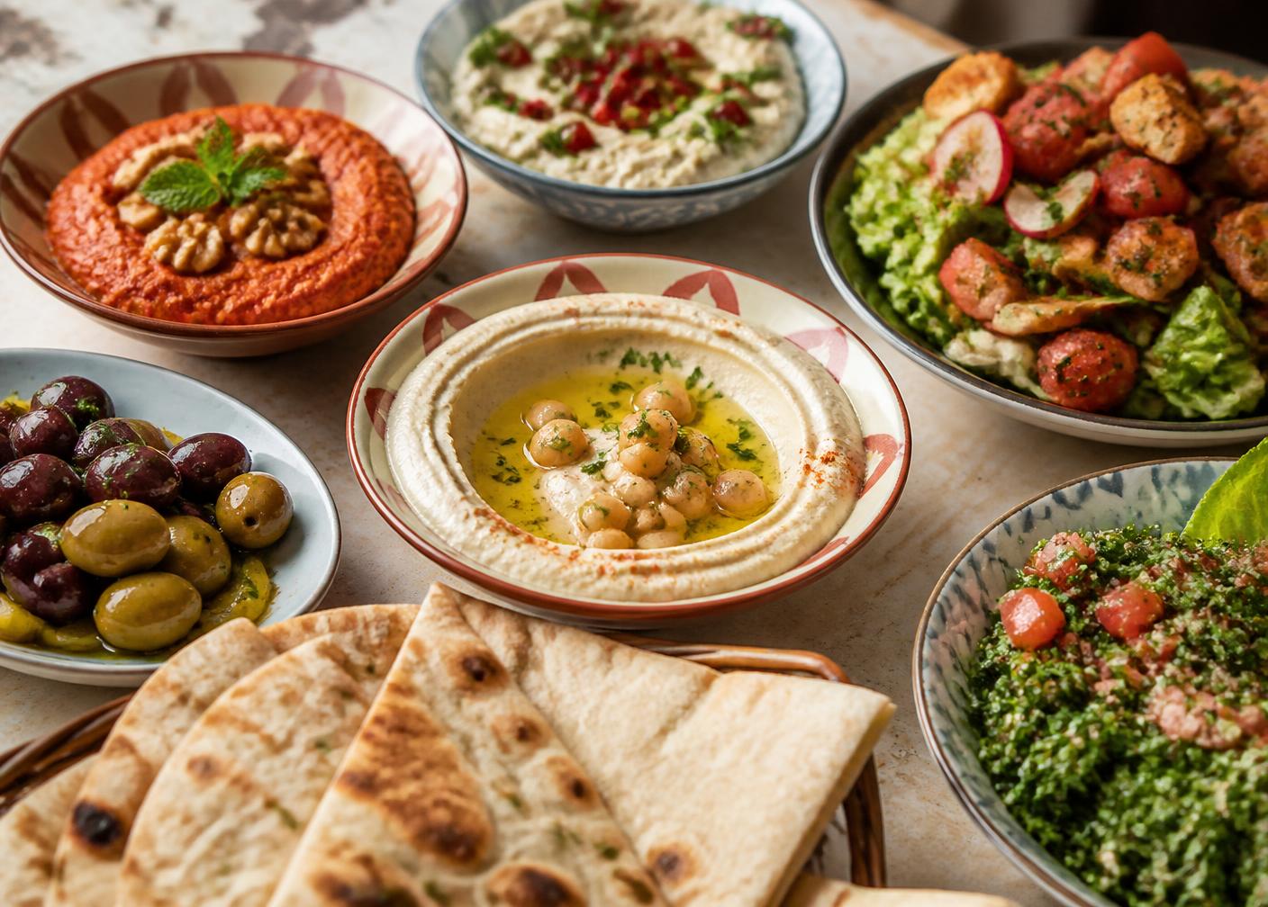 Syrische Mezze mit Hummus, Muhammara, Mutabbal, Fattoush und Tabouleh