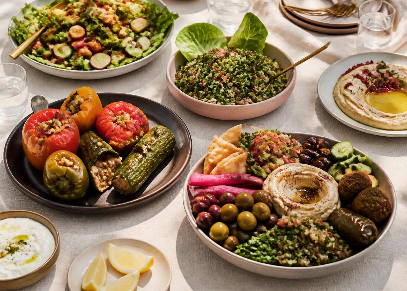 Vegetarische Gerichte: gefülltes Gemüse, Tabouleh und frische Salate