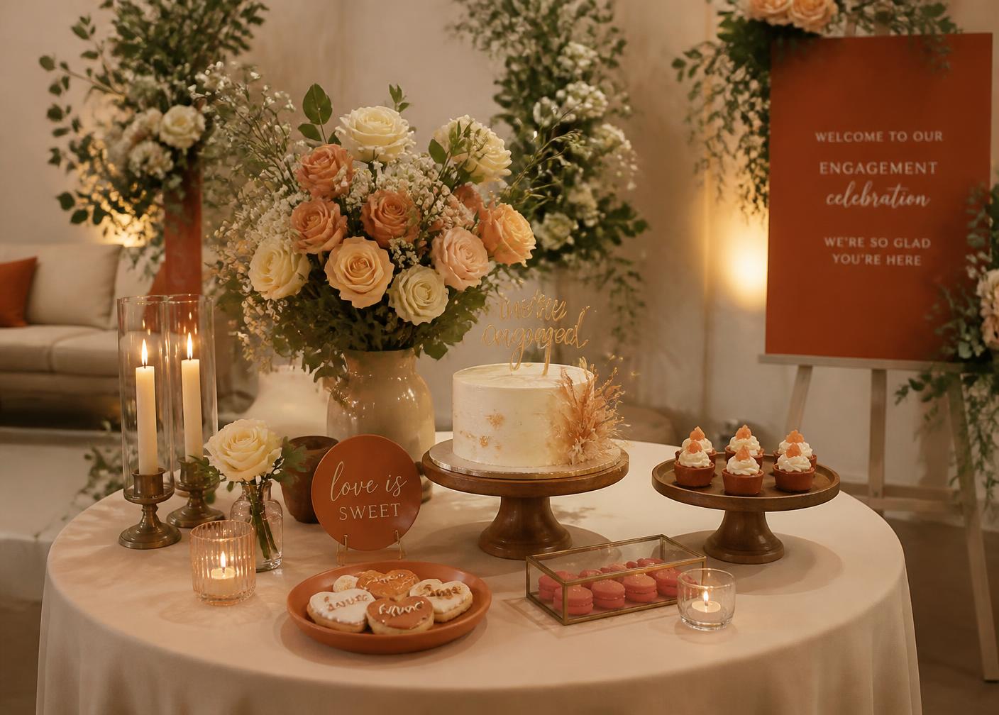 Dessert-Tisch für eine kleine Verlobungsfeier in Creme- und Terrakottatönen